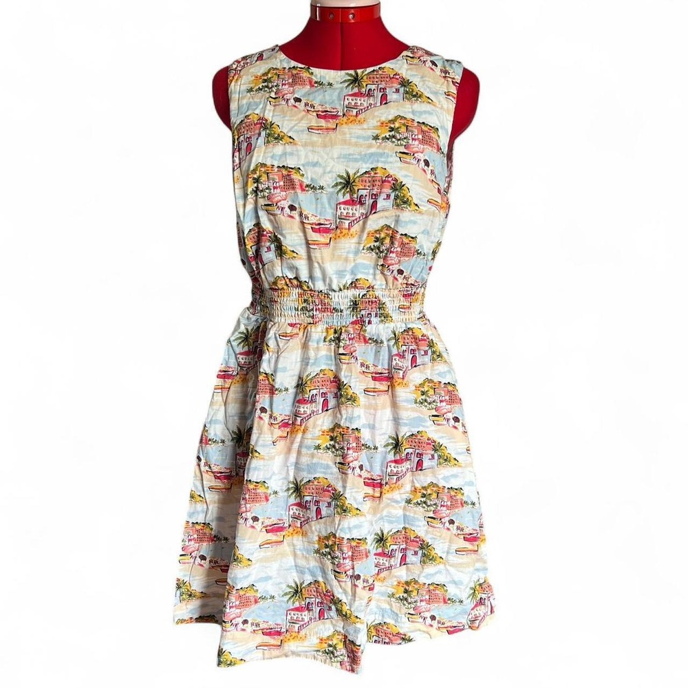 Boden Cotton Smocked Waist Paradise Bay Print Dress Pockets Size 8 Cottagecore